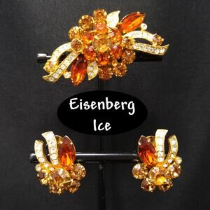 Vintage Eisenberg Ice Topaz Rhinestone Brooch Earrings Set 1960s